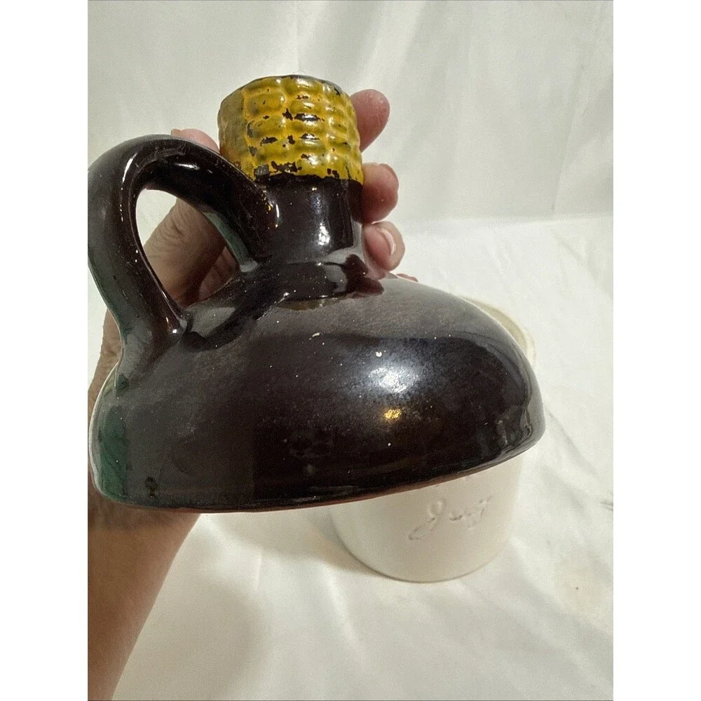 Vintage Big Brown Jug Decanter with Lid Stoneware Crazed Decoration